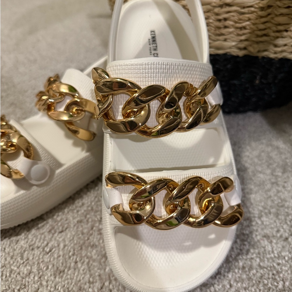 White Sandals with Gold Chain Accents